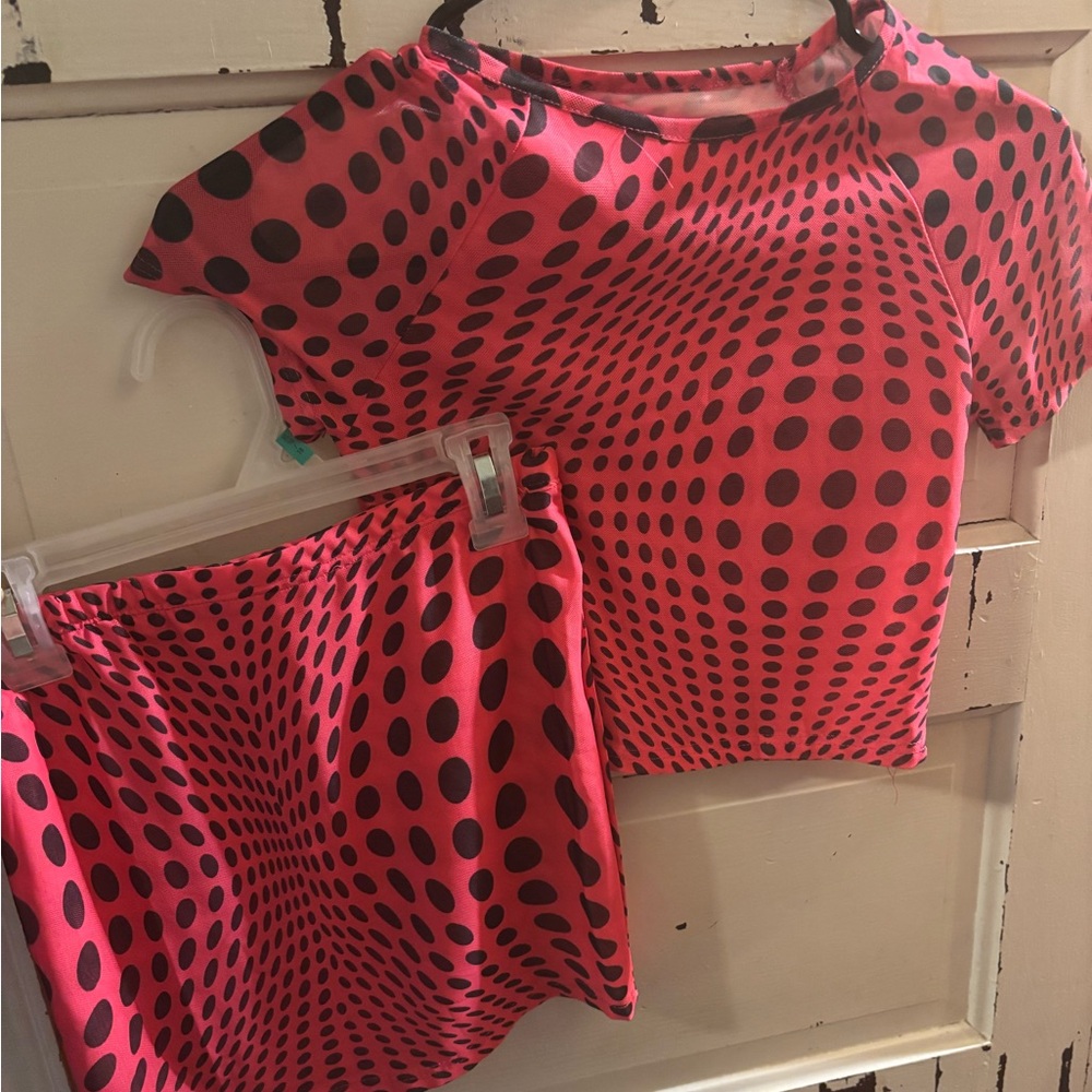 Pink and Black Polka Dot Top and Skirt Set